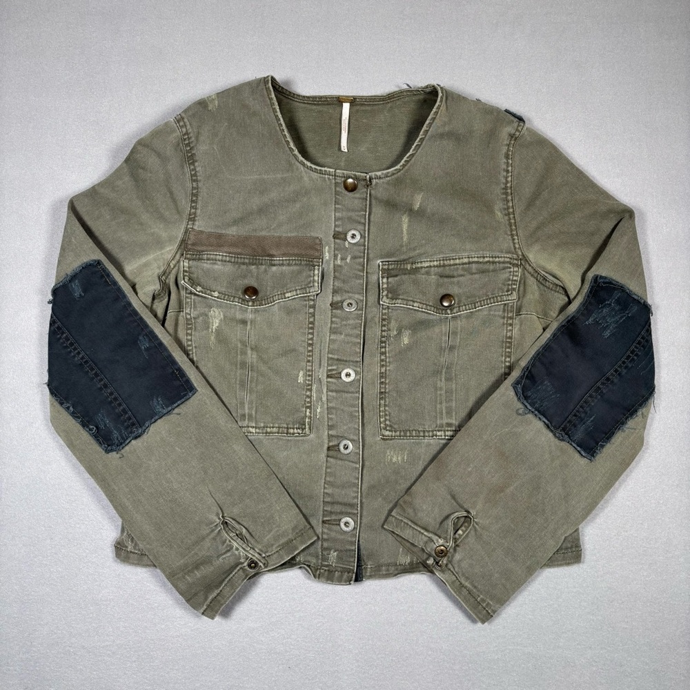 Free People Women Military Front Pockets Collarless Cropped Jacket Sz M Green